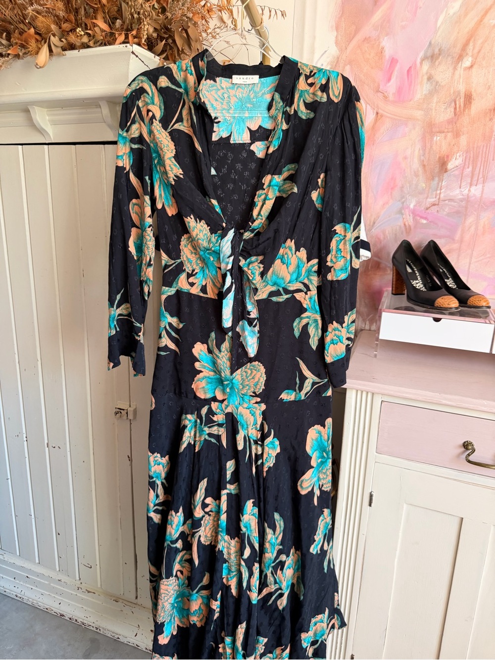 Sandro Black Maxi Dress with Turquoise and Tan Floral Print